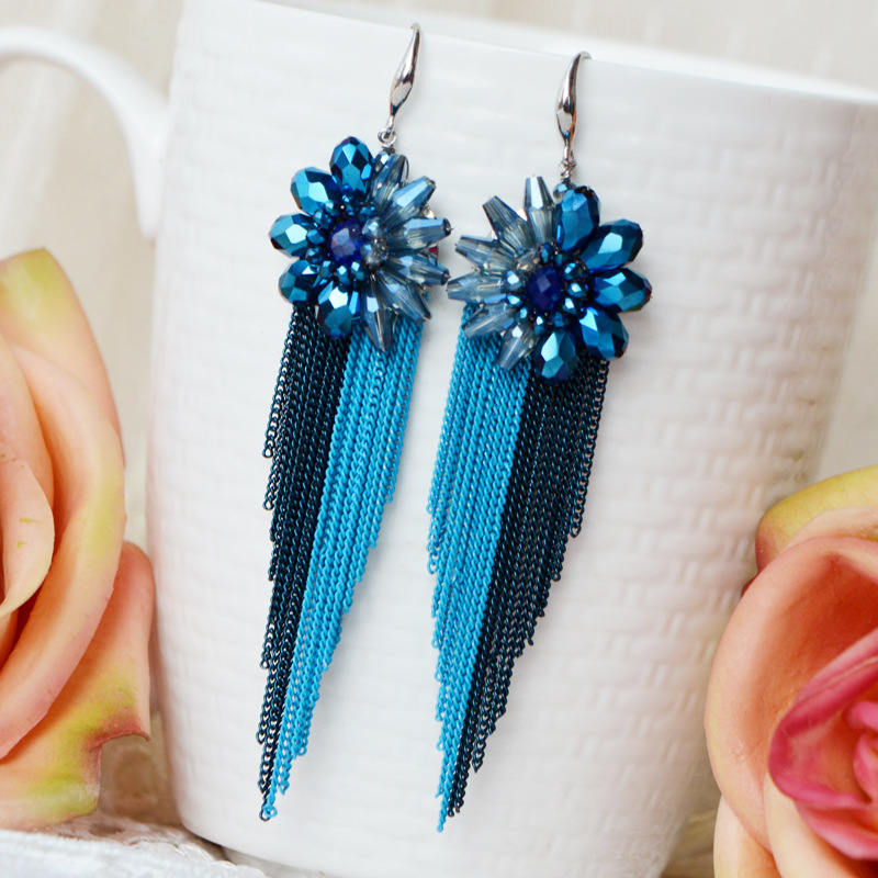 Tassel Earrings Boho - Rice bead earrings Tassels Crystal Flowers