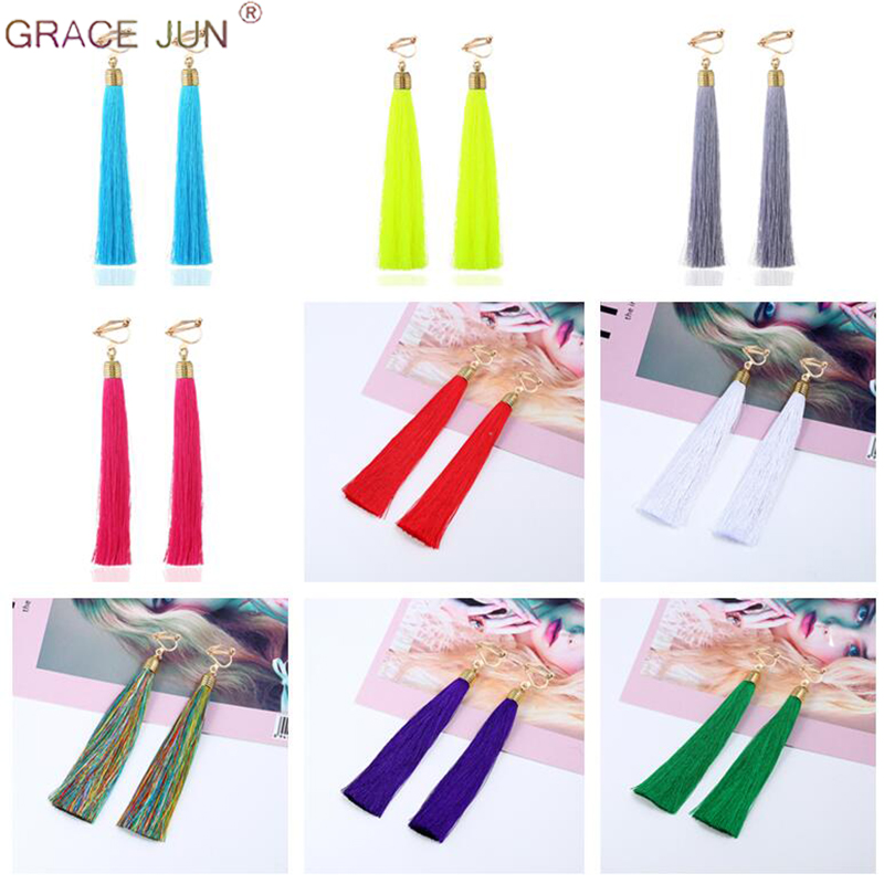 Tassel Earrings Boho - 12cm&5.1'' Long Tassel Fiber Clip on