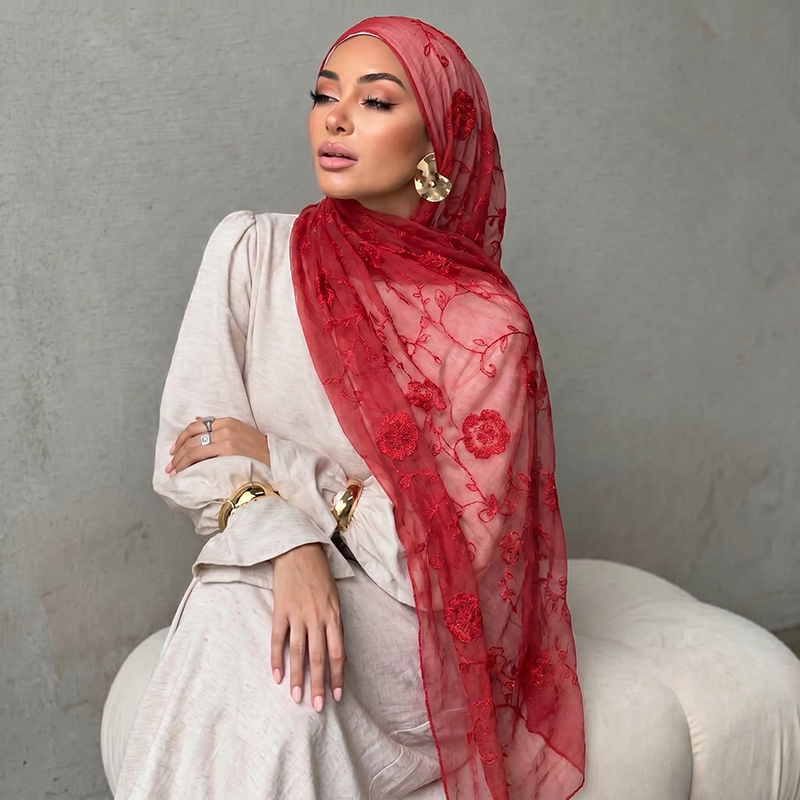Women'S Accessories - Floral Embroidery Muslim Hijab Sheer Scarf