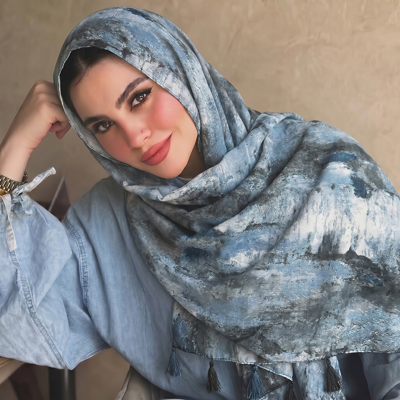 Women'S Accessories - Ink Wash Print Tassel Hijab Scarf